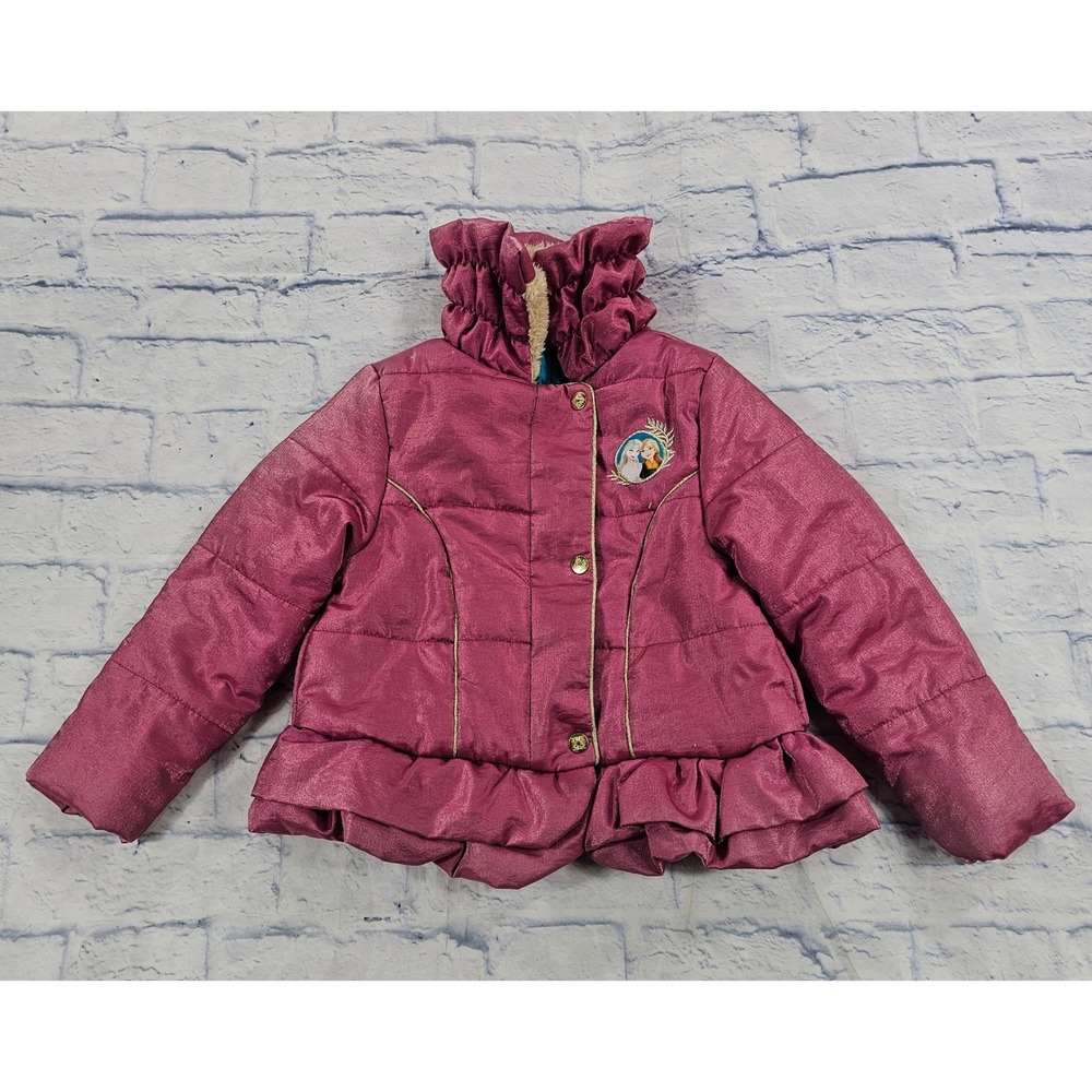 Disney Frozen Puffer Jacket Kids 5/6 Pink Elsa Anna Ruffle Hem Shimmer Coat